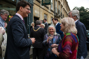 Mr. Jools Scott, composer of The Cool Web, with Cllr Cherry Beath, Rt Worshipful Mayor of Bath and Mrs. June Stockham, and Mr.Leonard Pearcey, who reads The Edith Cavell Story.